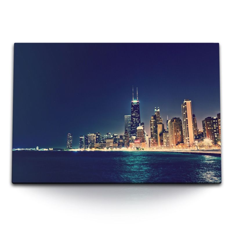 120x80cm Wandbild auf Leinwand USA Chicago Skyline Nacht Hochhäuser Stadt