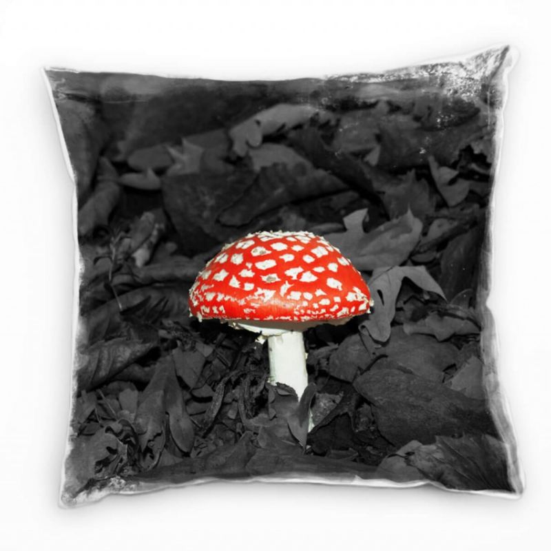 Natur, Fliegenpilz im Laub, grau, rot, weiß Deko Kissen 40x40cm für Couch Sofa Lounge Zierkissen