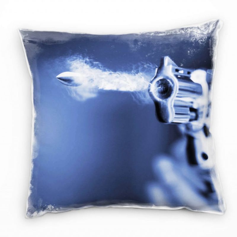 Macro, Revolver, Patrone, silber, blau Deko Kissen 40x40cm für Couch Sofa Lounge Zierkissen