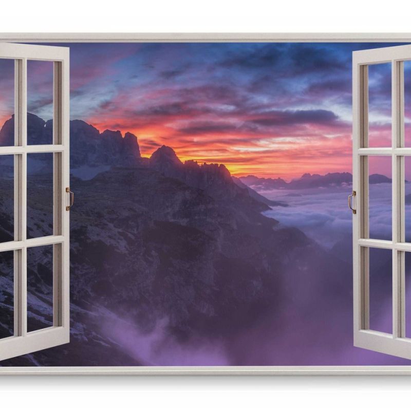 Wandbild 120x80cm Fensterbild Abendrot über den Wolken Berge Berggipfel Sonnenuntergang