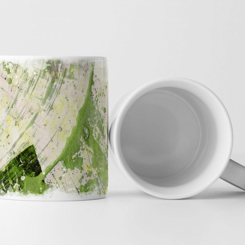 Tasse Geschenk mandelweißer Hintergrund; grasgrün, gelbe Farbspritzern