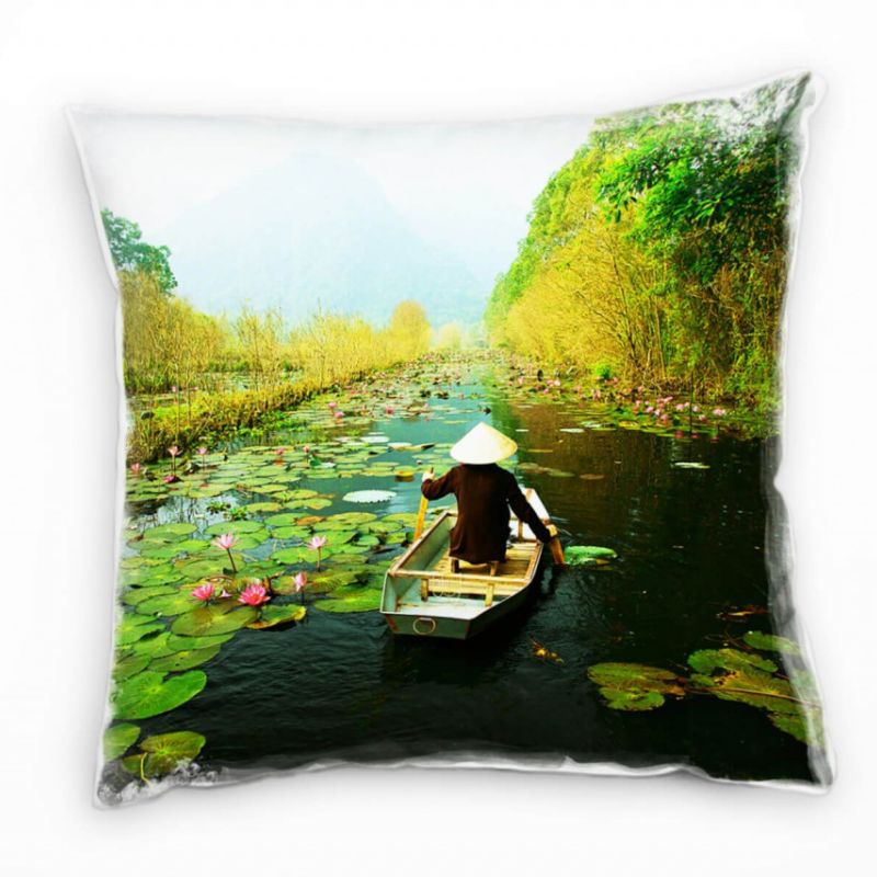 Herbst, grün, gelb, Fluss, Boot, Vietnam Deko Kissen 40x40cm für Couch Sofa Lounge Zierkissen