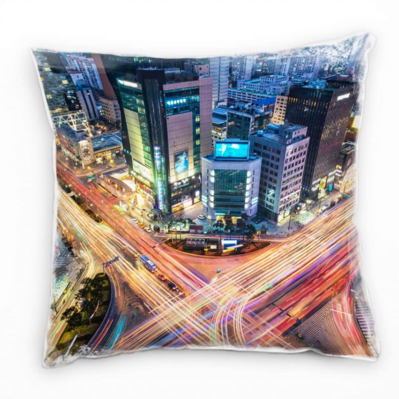 City, Seoul, Korea, Nacht, Lichtlinie, orange, grau Deko Kissen 40x40cm für Couch Sofa Lounge Zierki