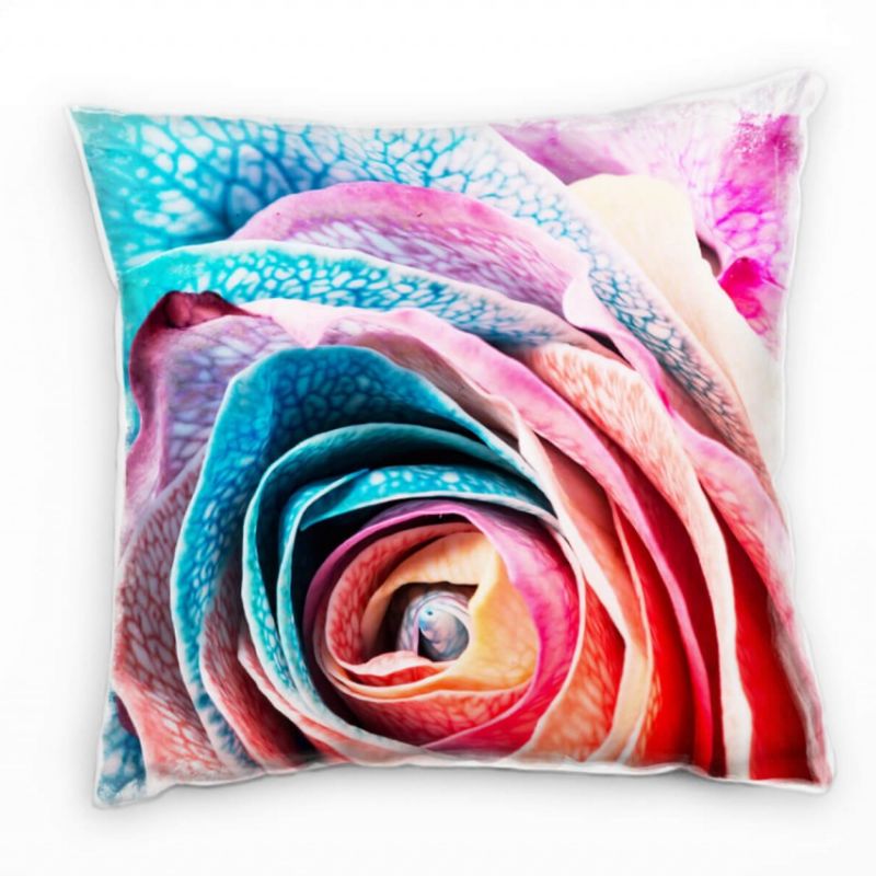 Macro, Blumen, Rose, türkis, orange, pink Deko Kissen 40x40cm für Couch Sofa Lounge Zierkissen