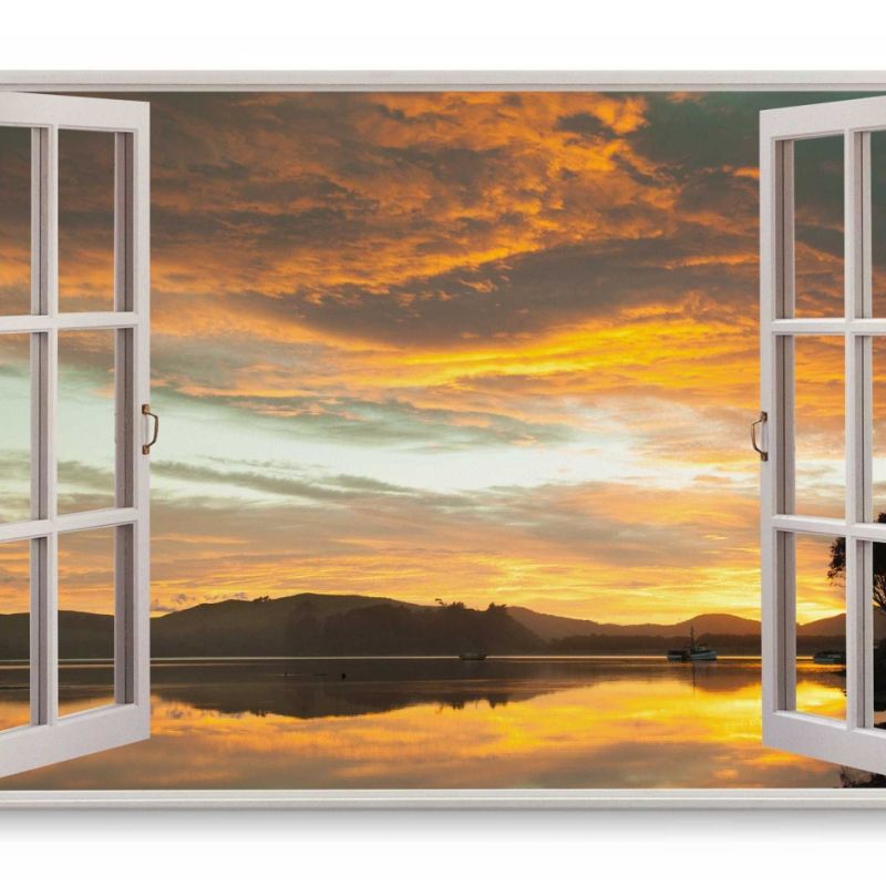 Wandbild 120x80cm Fensterbild Abendrot See Natur Berge roter Himmel