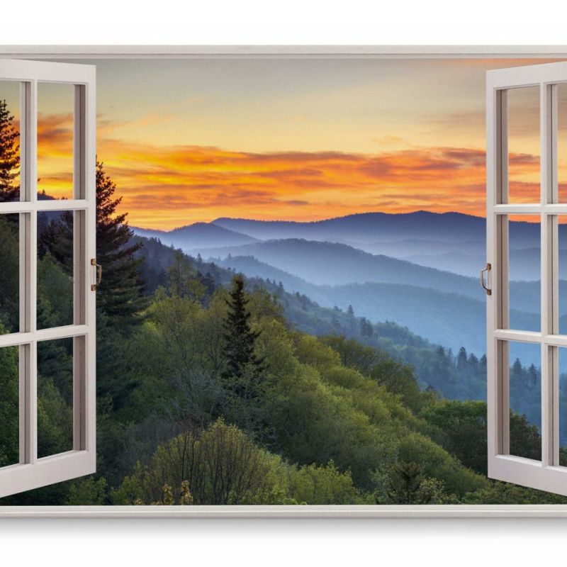 Wandbild 120x80cm Fensterbild Alpen Berge Grün Natur Abendrot Sonnenuntergang