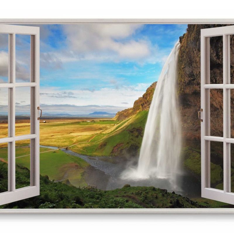 Wandbild 120x80cm Fensterbild Wasserfall Island Natur Landschaft Grün blauer Himmel