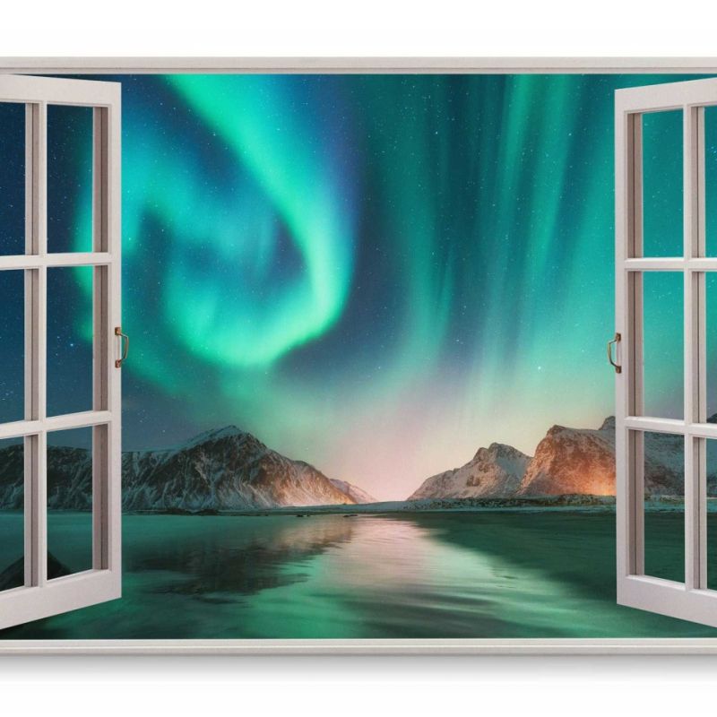 Wandbild 120x80cm Fensterbild Polarlichter Astrofotografie Nachthimmel Berge Grün