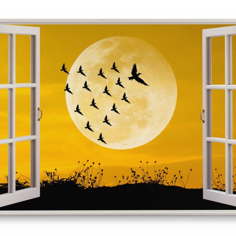 Wandbild 120x80cm Fensterbild Vollmond Abendrot Vögel Kunstvoll Orange