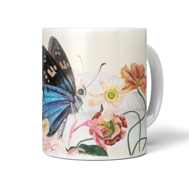 Dekorative Tasse mit schönem Motiv Schmetterling Sommer Blumen Blüten Vintage Wasserfarben