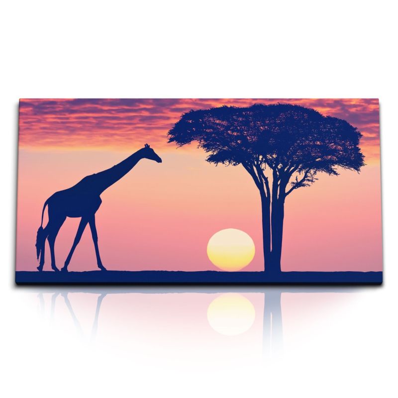 Kunstdruck Bilder 120x60cm Afrika Sonnenuntergang Abendrot Giraffe Baum