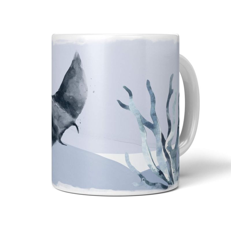 Dekorative Tasse mit schönem Motiv Rochen Koralle Wasserfarben Aquarell Kunstvoll Blau