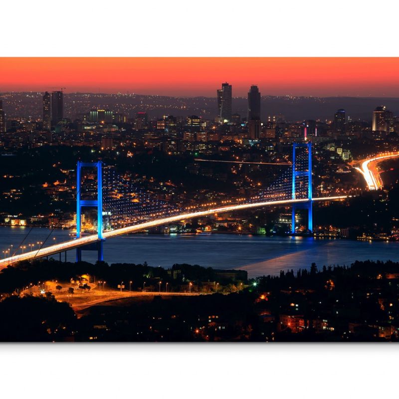 120x80cm Wandbild Istanbul Bosporus Brücke Nacht Lichter