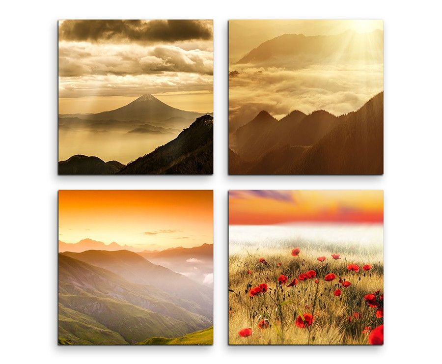 4 teiliges Leinwandbild je 30x30cm  –  Gebirge Landschaft Mohnblumen Natur