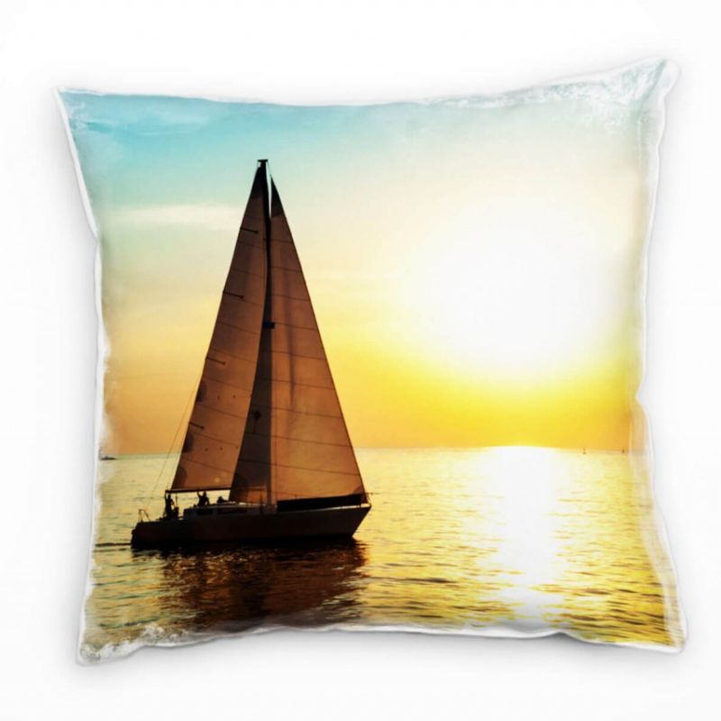 Meer,gelb, blau, Segelboot, Sonnenuntergang Deko Kissen 40x40cm für Couch Sofa Lounge Zierkissen