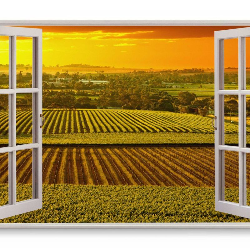 Wandbild 120x80cm Fensterbild Natur Landschaft Sonnenuntergang Felder