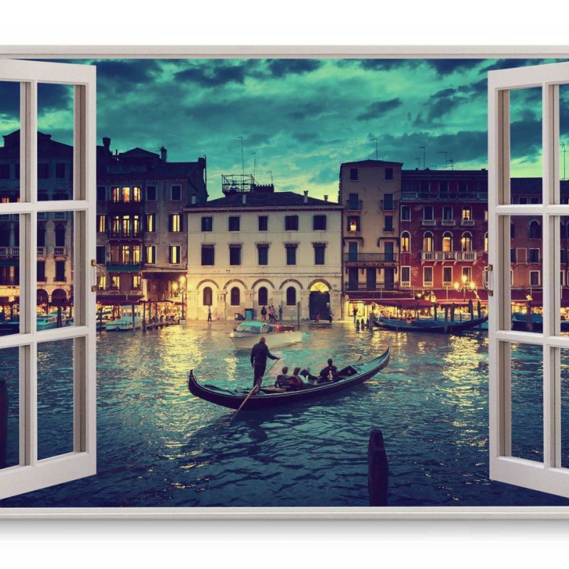 Wandbild 120x80cm Fensterbild Venedig Italien Gondel Nacht Lichter Kanal