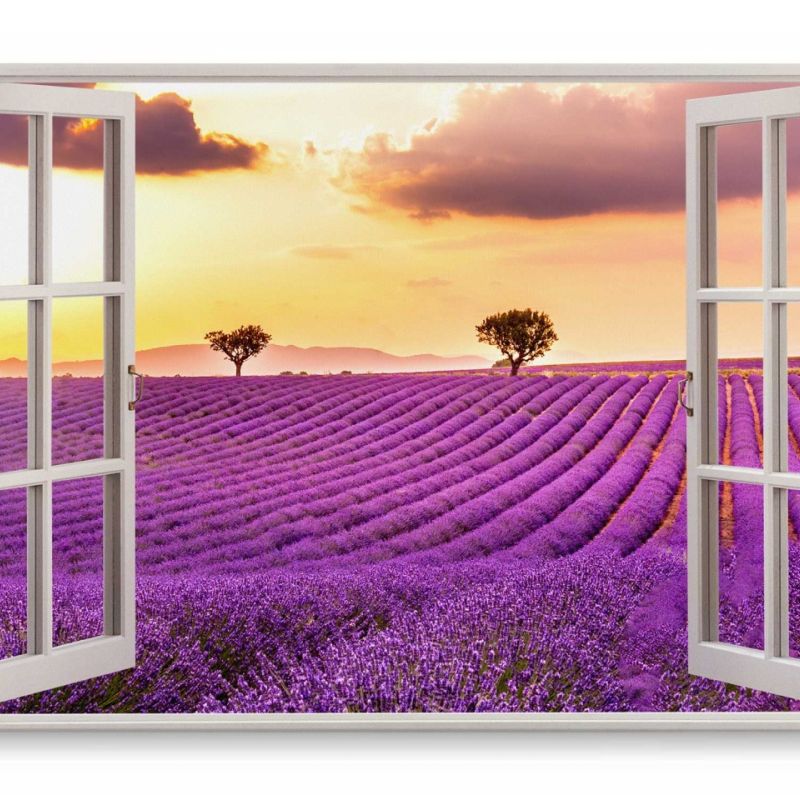 Wandbild 120x80cm Fensterbild Lavendel Lavendelfeld Farbenfroh Sonnenuntergang