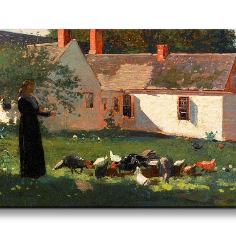 Remaster 120x60cm Winslow Homer weltberühmtes Wandbild Farmyard Scene zeitlose Kunst Farm Hühner