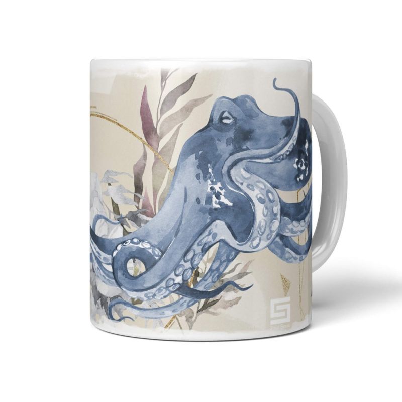 Dekorative Tasse mit schönem Motiv Oktopus Blumen Blüten Pastellton Wasserfarben