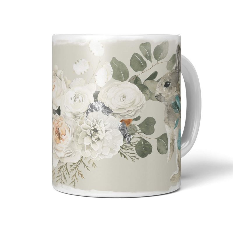 Tasse Porzellan Tier Motiv zwei kleine süße Hasen Blumen Blüten Romantisch Lieblich