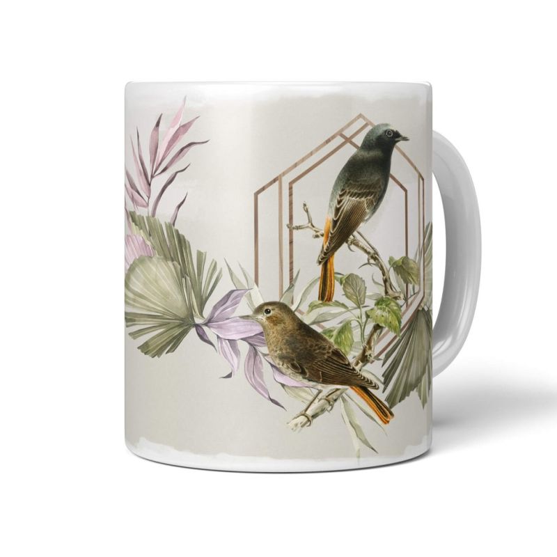 Dekorative Tasse mit schönem Vogel Motiv Fliegenschnäpper Blumen Blüten Exotisch Kunstvoll