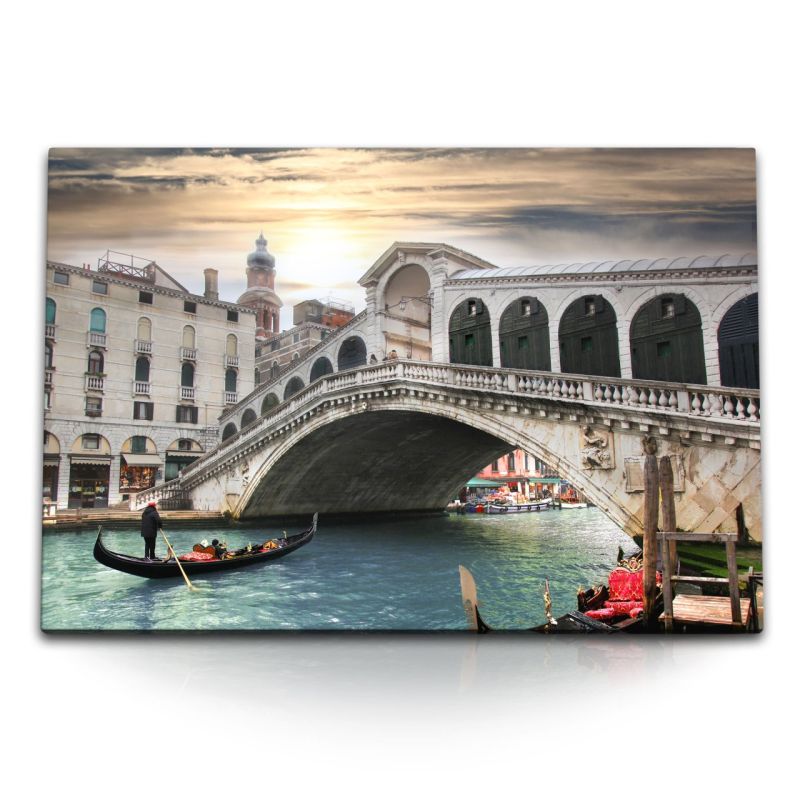 120x80cm Wandbild auf Leinwand Venedig Italien Gondel Kanal Brücke Steinbrücke