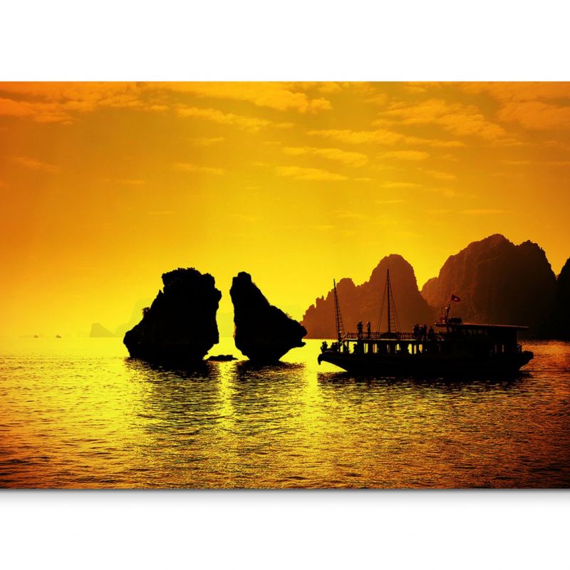 120x80cm Wandbild Vietnam Halong Bay Felsen Segelboot Abendlicht