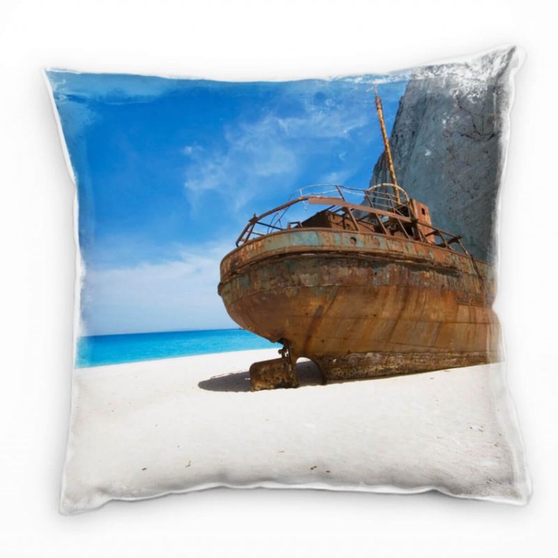 Strand und Meer, blau, braun, Schiffswrack am Strand Deko Kissen 40x40cm für Couch Sofa Lounge Zierk