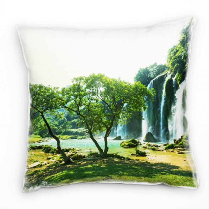 Natur, grün, türkis, Wasserfall, Vietnam Deko Kissen 40x40cm für Couch Sofa Lounge Zierkissen