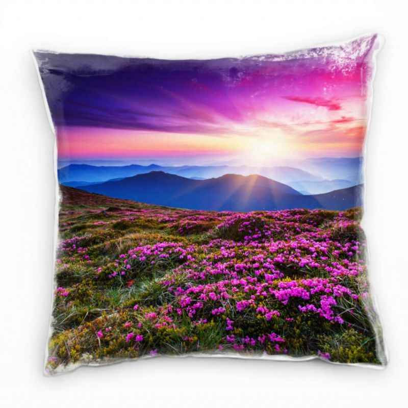 Landschaft, bunt, Sonnenuntergang, Berge, Blumen Deko Kissen 40x40cm für Couch Sofa Lounge Zierkisse