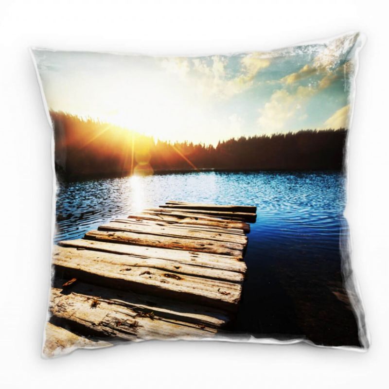 Seen, braun, blau, gelb, Sonnenuntergang, Wald, Steg Deko Kissen 40x40cm für Couch Sofa Lounge Zierk