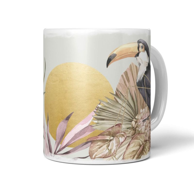 Dekorative Tasse mit schönem Vogel Motiv Tukan Exotisch schönem Design goldene Sonne