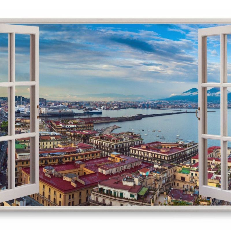 Wandbild 120x80cm Fensterbild Neapel Italien Hafen Küste Meer Altstadt