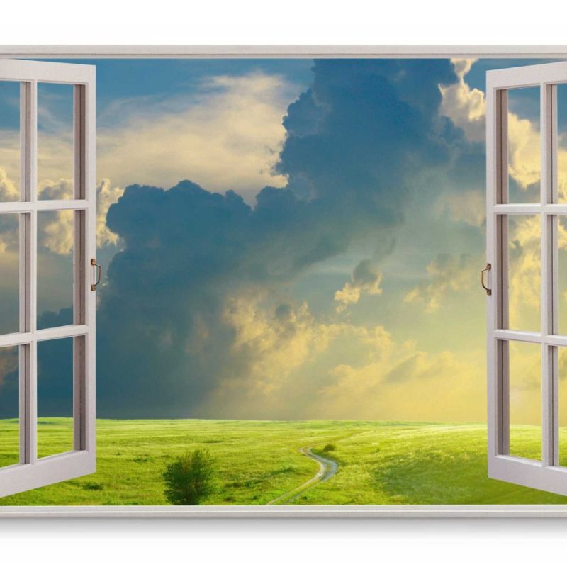 Wandbild 120x80cm Fensterbild Grüne Wiese Landschaft Himmel Sonnenuntergang Natur