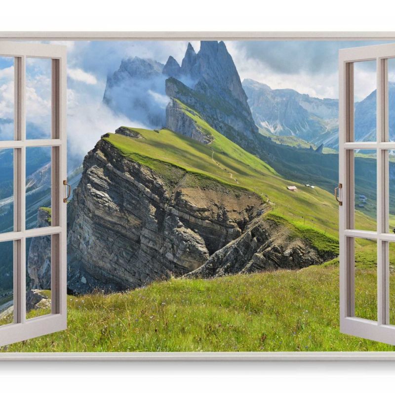 Wandbild 120x80cm Fensterbild Alpen Berge Grün Natur Klippen Bergkette