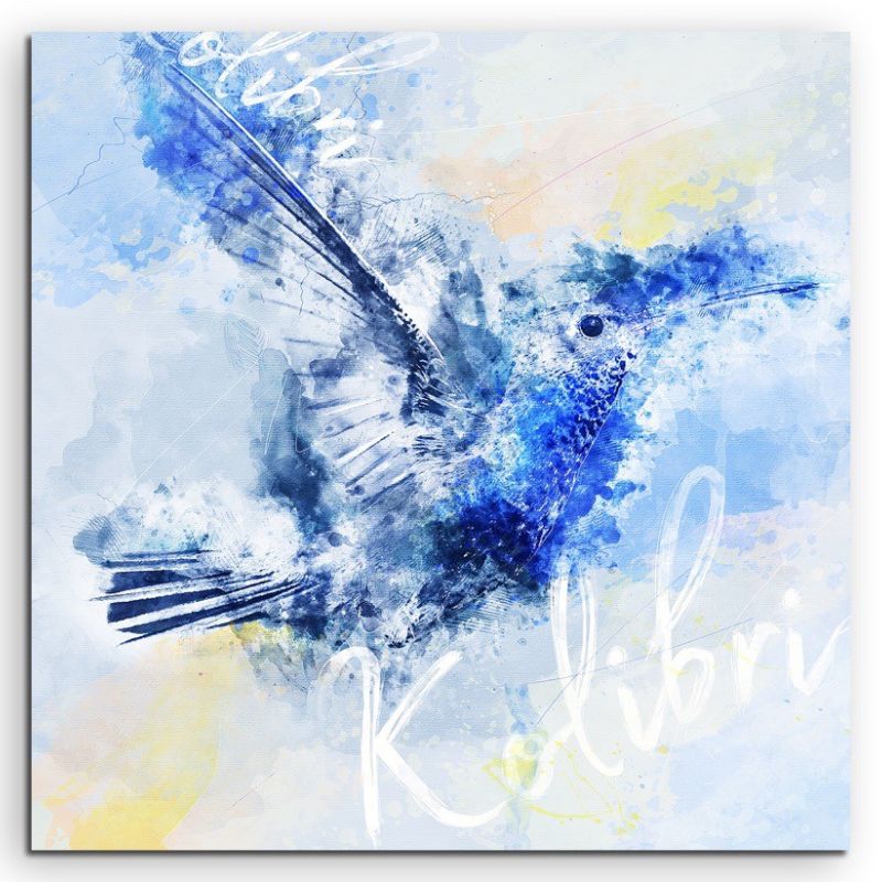 Eleganter Kolibri im Flug in Blautönen mit Kalligraphie