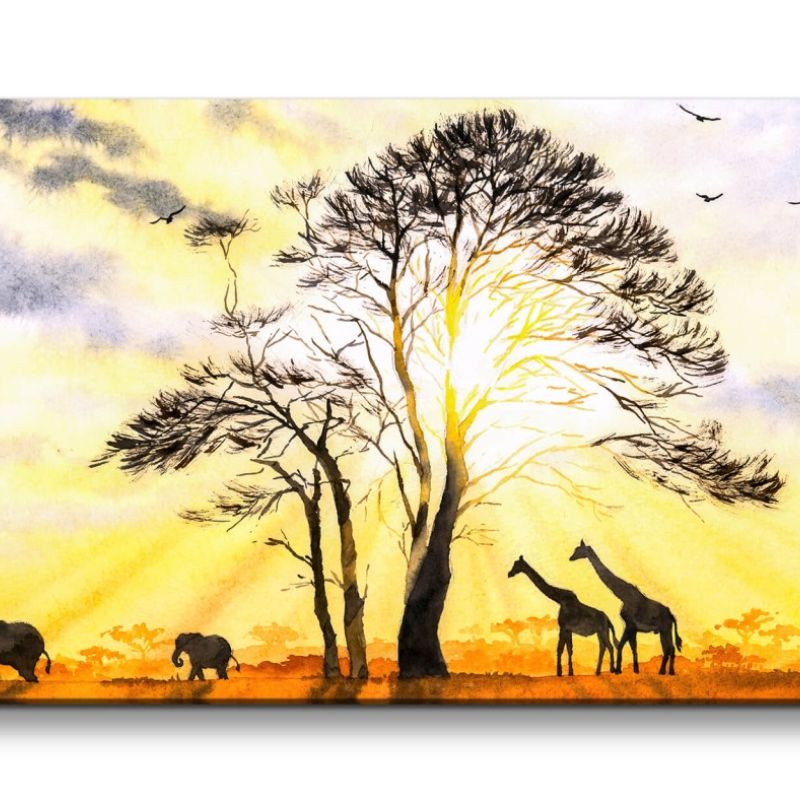 Leinwandbild 120x60cm Afrika Kunstvoll Sonnenschein Baum Natur Giraffen Elefanten