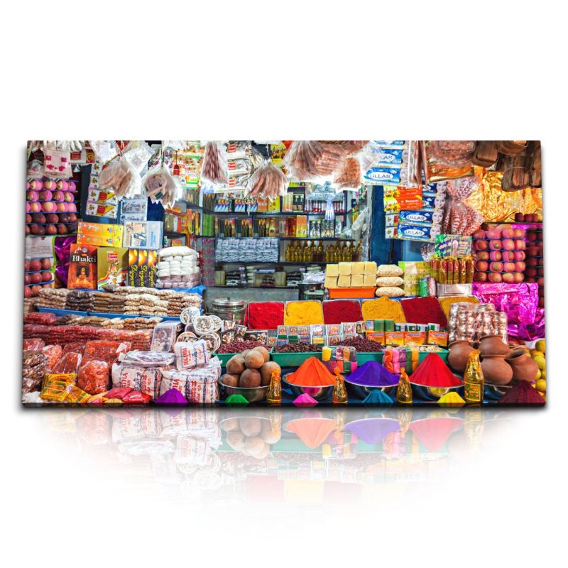 Kunstdruck Bilder 120x60cm Bunter Laden Basar Markt Farbenfroh Indien