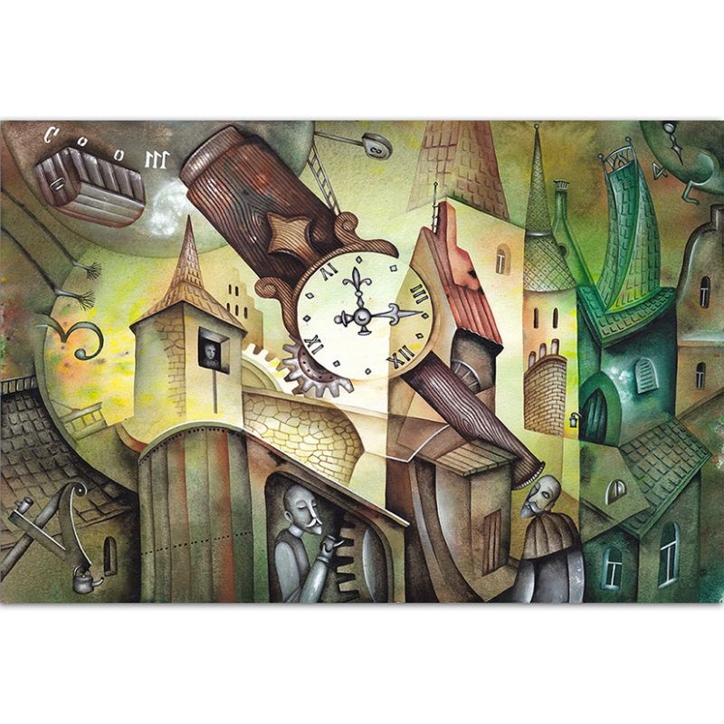 120x80cm Häuser Uhr Menschen abstrakt