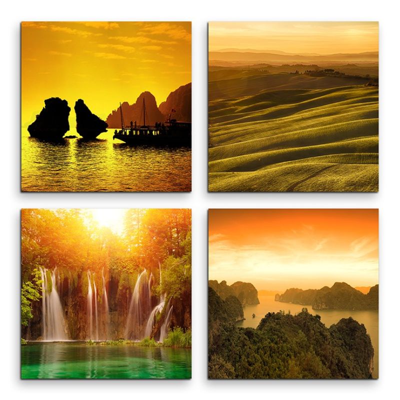 4 teiliges Leinwandbild je 30x30cm  –  Felsen Sonnenuntergang Natur Meer Wasserfall