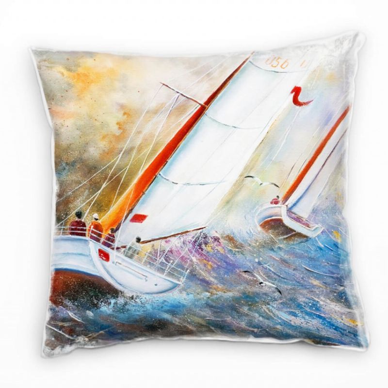 Meer, blau, orange, weiß, Segelboot, gemalt Deko Kissen 40x40cm für Couch Sofa Lounge Zierkissen