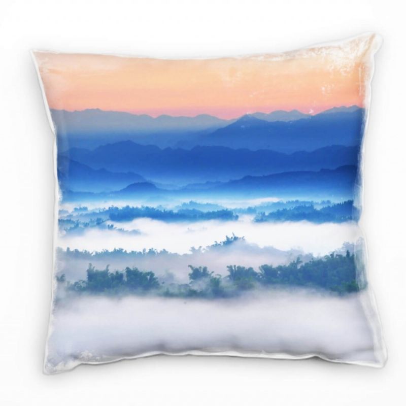 Landschaft, blau, orange, grün, Wolken, Berge, Dunst Deko Kissen 40x40cm für Couch Sofa Lounge Zierk