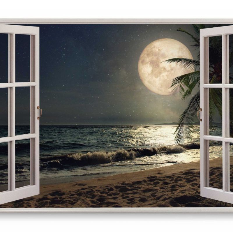 Wandbild 120x80cm Fensterbild Strand bei Nacht Vollmond Meer Sterne Palmen