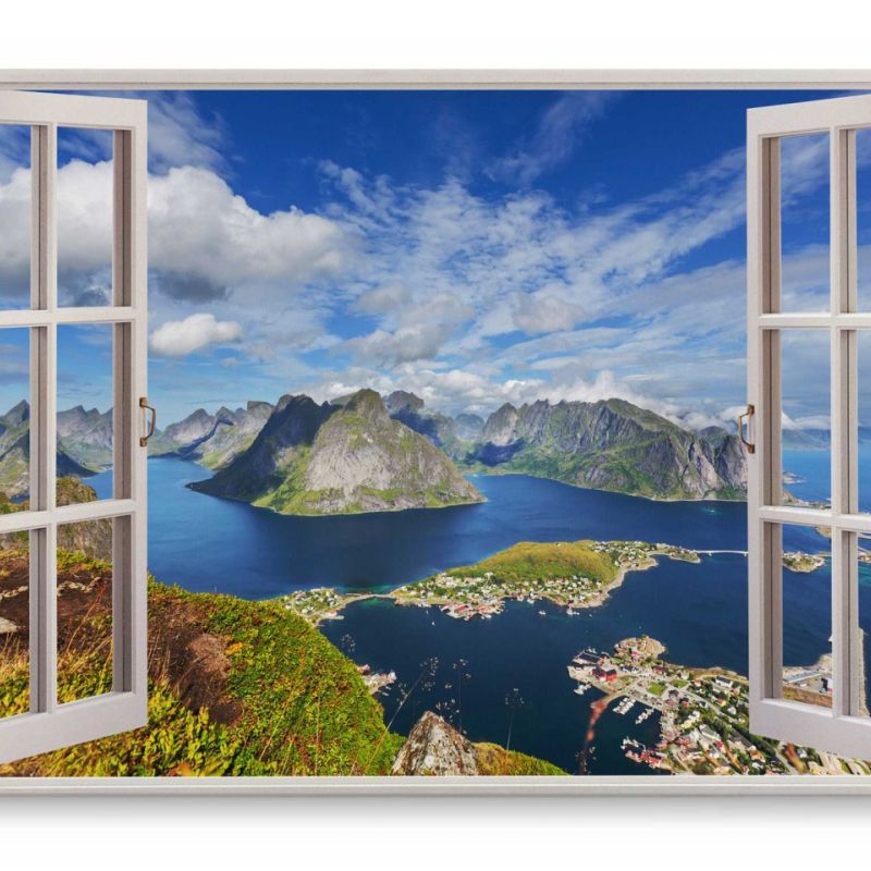 Wandbild 120x80cm Fensterbild Norwegen Natur Berge Küste Buch Meer