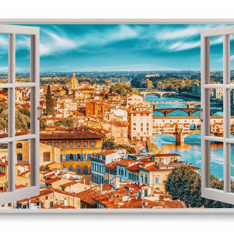 Wandbild 120x80cm Fensterbild Italien Florenz Altstadt Historisch Kanal Horizont