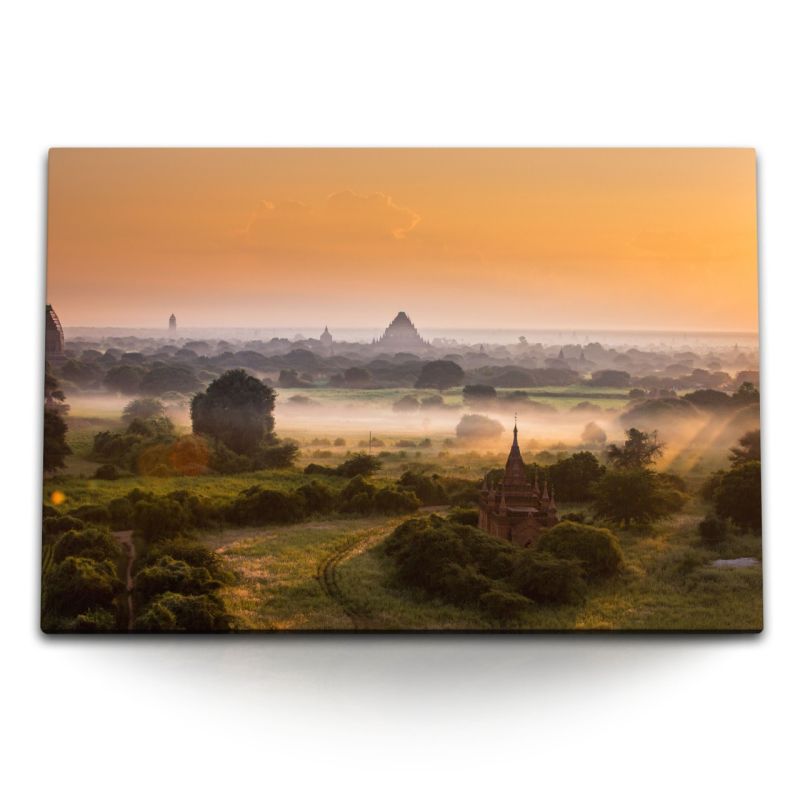 120x80cm Wandbild auf Leinwand Myanmar Tempelanlage Dschungel Sonnenuntergang Abendrot