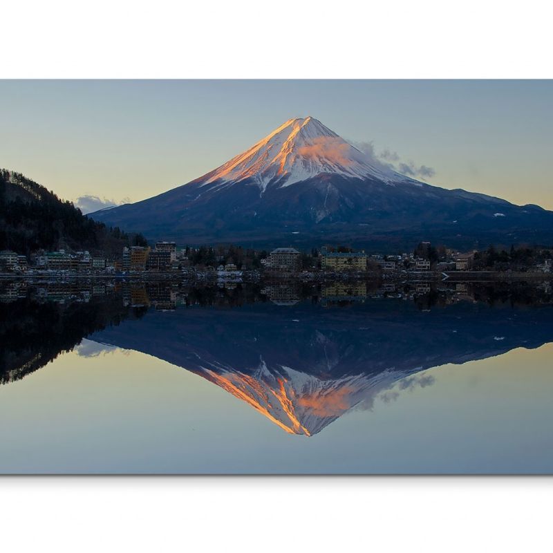 120x80cm Wandbild Fuji Berg Schnee See Abendlicht Spiegelung