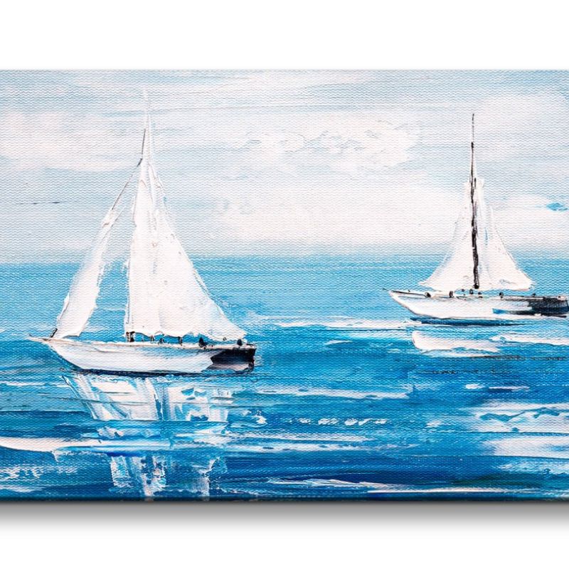 Leinwandbild 120x60cm Segelboote Meer Malerisch Blau Kunstvoll Himmel