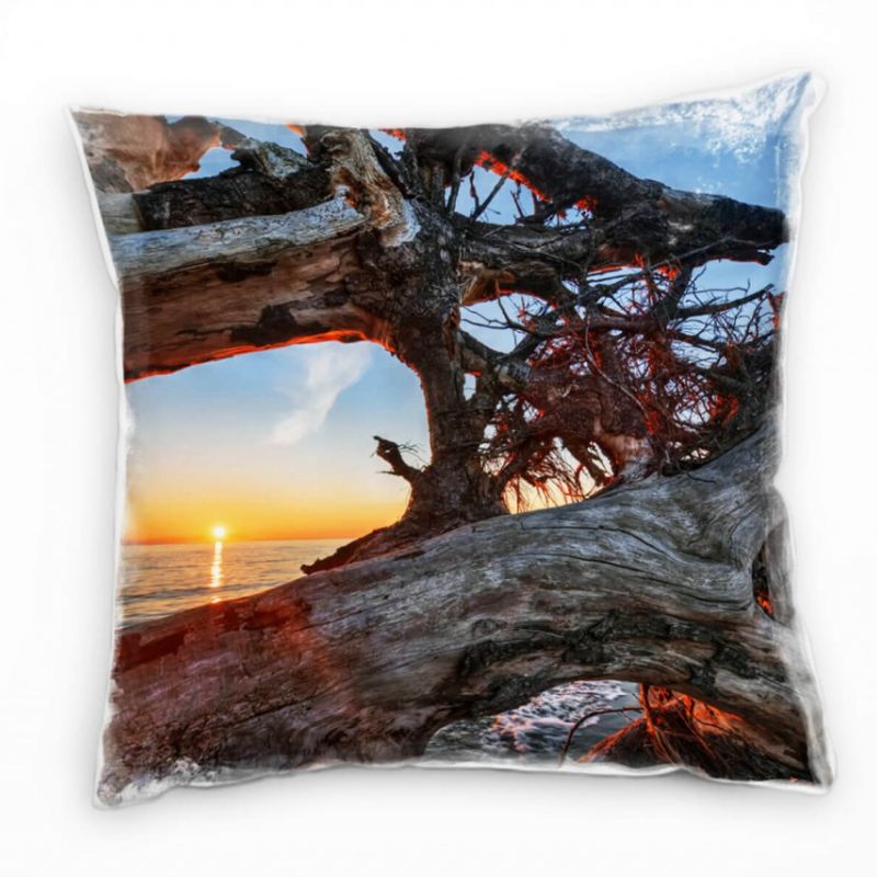 Strand und Meer, Treibholz, Sonnenuntergang, orange Deko Kissen 40x40cm für Couch Sofa Lounge Zierki